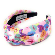 Load image into Gallery viewer, VALENTINES Jeweled Headband, Heart Candy Headband, Hearts Knot Headband, Pink Knot Headbands, Valentines Day Knotted Headband, knotted headband, birthday gift for her, headbands for women, best selling items, knotted headbands, hair accessories, Pink knot headband, valentine’s day headband, valentines headband, valentines day gifts, embellished headband, hearts headband, candy heart gifts, multicolor hearts headband, heart headband for women and girls, hearts knot headband, candy hearts knot headband
