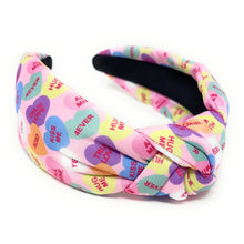 Load image into Gallery viewer, VALENTINES Jeweled Headband, Heart Candy Headband, Hearts Knot Headband, Pink Knot Headbands, Valentines Day Knotted Headband, knotted headband, birthday gift for her, headbands for women, best selling items, knotted headbands, hair accessories, Pink knot headband, valentine’s day headband, valentines headband, valentines day gifts, embellished headband, hearts headband, candy heart gifts, multicolor hearts headband, heart headband for women and girls, hearts knot headband, candy hearts knot headband