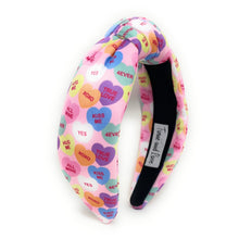 Load image into Gallery viewer, VALENTINES Jeweled Headband, Heart Candy Headband, Hearts Knot Headband, Pink Knot Headbands, Valentines Day Knotted Headband, knotted headband, birthday gift for her, headbands for women, best selling items, knotted headbands, hair accessories, Pink knot headband, valentine’s day headband, valentines headband, valentines day gifts, embellished headband, hearts headband, candy heart gifts, multicolor hearts headband, heart headband for women and girls, hearts knot headband, candy hearts knot headband