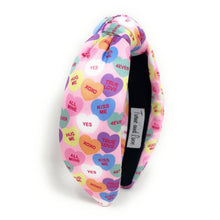 Load image into Gallery viewer, VALENTINES Jeweled Headband, Heart Candy Headband, Hearts Knot Headband, Pink Knot Headbands, Valentines Day Knotted Headband, knotted headband, birthday gift for her, headbands for women, best selling items, knotted headbands, hair accessories, Pink knot headband, valentine’s day headband, valentines headband, valentines day gifts, embellished headband, hearts headband, candy heart gifts, multicolor hearts headband, heart headband for women and girls, hearts knot headband, candy hearts knot headband