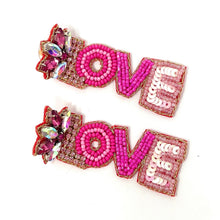 Load image into Gallery viewer, 
LOVE Beaded Earrings, hot Pink Heart Earrings, Valentines Day Earrings, Valentines Beaded Earrings, Seed Bead, Valentines Heart earrings, Pink earrings, pink beaded earrings, Love beaded earrings, valentines beaded earrings, Hearts earrings, Valentine’s day earrings, holiday gifts, tween girls accessories, Valentine’s day accessories, Best friend gifts, Best selling items, love accessories, boho earrings, custom earrings, unique earrings, unique gifts, handmade gifts, Pink Heart earrings