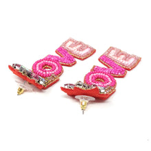 Load image into Gallery viewer, 
LOVE Beaded Earrings, hot Pink Heart Earrings, Valentines Day Earrings, Valentines Beaded Earrings, Seed Bead, Valentines Heart earrings, Pink earrings, pink beaded earrings, Love beaded earrings, valentines beaded earrings, Hearts earrings, Valentine’s day earrings, holiday gifts, tween girls accessories, Valentine’s day accessories, Best friend gifts, Best selling items, love accessories, boho earrings, custom earrings, unique earrings, unique gifts, handmade gifts, Pink Heart earrings