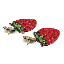 Load image into Gallery viewer, Strawberry beaded Earrings, beaded Earrings, Strawberry Earrings, fruit Beaded Earrings, fruit bead earrings, Strawberry bead earrings, red beaded earrings, Statement earrings, handmade earrings, custom earrings, bejeweled accessories, fancy accessories, Strawberry color earrings, gifts for mom, best friend gifts, birthday gifts, bohemian earrings, fancy earrings accessory, summer earrings, fruity earrings, boho earrings, rhinestone earrings, embellished earrings