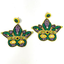 Load image into Gallery viewer, earrings for women, Gold Purple earrings, beaded earrings, Mardi Gras earrings, NOLA earrings, Mardi earrings, Purple earrings, Mardi Gras masks earrings, trendy earrings, party earrings, New Orleans party earrings, Mardi gras party earrings, holiday earrings, luxury earrings, Mardi gras accessories, Mardi Gras gifts, Mardi Gras New Orleans earrings, custom earrings, handmade earrings, Mardi Gras beaded earrings, Mardi Gras accessories, boho earrings, custom earrings, best selling items