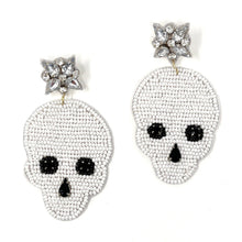 Load image into Gallery viewer, Halloween beaded Earrings, beaded halloween Earrings, halloween Earrings, Halloween Bead Earrings, earrings for halloween, skull earrings, spooky beaded earrings, white black earrings, Unique earrings, candy corn earrings, Halloween jewelry, statement earrings, skull earrings, spooky earrings, costume jewelry, Holiday earrings, pumpkin earrings, custom designs, cat earrings, dangling earrings, witch earrings, autumn accessories, witch vibes, spooky vibes, skull earrings, skull accessories