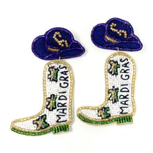 Load image into Gallery viewer, Mardi Gras accessories, Mardi gras earrings, beaded earrings, Cowgirl earrings, NOLA earrings, Mardi earrings, Purple earrings, Mardi Gras king cake beaded earrings, trendy earrings, party earrings, New Orleans party earrings, Mardi gras party earrings, holiday earrings, luxury earrings, Mardi gras accessories, Mardi Gras gifts, Mardi Gras New Orleans earrings, custom earrings, handmade earrings, Mardi Gras beaded earrings, Mardi Gras accessories, boho earrings, custom earrings, best selling items