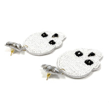 Load image into Gallery viewer, Halloween beaded Earrings, beaded halloween Earrings, halloween Earrings, Halloween Bead Earrings, earrings for halloween, skull earrings, spooky beaded earrings, white black earrings, Unique earrings, candy corn earrings, Halloween jewelry, statement earrings, skull earrings, spooky earrings, costume jewelry, Holiday earrings, pumpkin earrings, custom designs, cat earrings, dangling earrings, witch earrings, autumn accessories, witch vibes, spooky vibes, skull earrings, skull accessories
