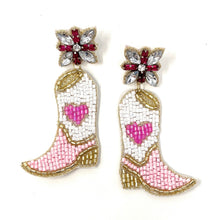 Load image into Gallery viewer, Bachelorette earrings, bride to be gifts, bride to be earrings, Bridal shower gift, bridal shower earrings, cowgirl boots earrings, cowgirl boots beaded earrings, cowgirl beaded accessories, cowgirl accessories, cowgirl earrings, bachelorette gifts, bachelorette beaded earrings, bachelorette party favors, bridal shower party favors, bachelorette gifts for her, bride to be gifts, country girl gifts, country girl earrings, pink earrings, Yeehaw accessories, custom earrings, trendy earrings