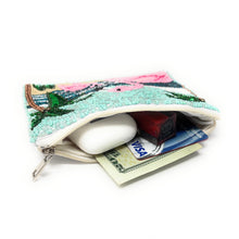 Load image into Gallery viewer, A beaded tropical pouch featuring pink flamingos, palm trees, and waves against a turquoise sky. The design is vibrant and playful, with a beachy vibe.