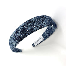 Load image into Gallery viewer, Dark blue denim headband with a textured pattern and rhinestones. The headband has a tag and lies on a white background.