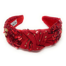 Load image into Gallery viewer, Valentines day Headband, Hearts Headband, red Love Jeweled Knot Headband, red Knot Headbands, Valentines Day Knotted Headband, knotted headband, birthday gift for her, headbands for women, best selling items, knotted headbands, hair accessories, red knot headband, valentine’s day headband, valentines headband, valentines day gifts, embellished headband, Pink headband, red sequin headband, custom headband, bejeweled knot headband, sequin headband, handmade headband