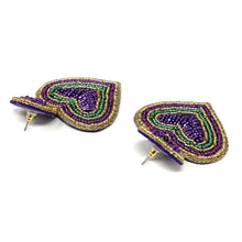 Load image into Gallery viewer, Mardi Gras accessories, Mardi gras earrings, beaded earrings, purple heart earrings, NOLA earrings, Mardi earrings, Purple earrings, Mardi Gras king cake beaded earrings, trendy earrings, party earrings, New Orleans party earrings, Mardi gras party earrings, holiday earrings, luxury earrings, Mardi gras accessories, Mardi Gras gifts, Mardi Gras New Orleans earrings, custom earrings, handmade earrings, Mardi Gras beaded earrings, Mardi Gras accessories, boho earrings, custom earrings, best selling items