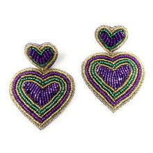 Load image into Gallery viewer, Mardi Gras accessories, Mardi gras earrings, beaded earrings, purple heart earrings, NOLA earrings, Mardi earrings, Purple earrings, Mardi Gras king cake beaded earrings, trendy earrings, party earrings, New Orleans party earrings, Mardi gras party earrings, holiday earrings, luxury earrings, Mardi gras accessories, Mardi Gras gifts, Mardi Gras New Orleans earrings, custom earrings, handmade earrings, Mardi Gras beaded earrings, Mardi Gras accessories, boho earrings, custom earrings, best selling items