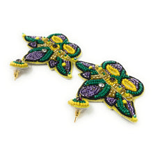 Load image into Gallery viewer, earrings for women, Gold Purple earrings, beaded earrings, Mardi Gras earrings, NOLA earrings, Mardi earrings, Purple earrings, Mardi Gras masks earrings, trendy earrings, party earrings, New Orleans party earrings, Mardi gras party earrings, holiday earrings, luxury earrings, Mardi gras accessories, Mardi Gras gifts, Mardi Gras New Orleans earrings, custom earrings, handmade earrings, Mardi Gras beaded earrings, Mardi Gras accessories, boho earrings, custom earrings, best selling items