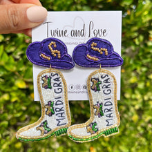 Load image into Gallery viewer, Mardi Gras accessories, Mardi gras earrings, beaded earrings, Cowgirl earrings, NOLA earrings, Mardi earrings, Purple earrings, Mardi Gras king cake beaded earrings, trendy earrings, party earrings, New Orleans party earrings, Mardi gras party earrings, holiday earrings, luxury earrings, Mardi gras accessories, Mardi Gras gifts, Mardi Gras New Orleans earrings, custom earrings, handmade earrings, Mardi Gras beaded earrings, Mardi Gras accessories, boho earrings, custom earrings, best selling items