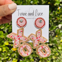 Load image into Gallery viewer, 
XOXO Beaded Earrings, Pink Heart Earrings, Valentines Day Earrings, Valentines Beaded Earrings, Seed Bead, Valentines Heart earrings, XOXO earrings, pink beaded earrings, confetti beaded earrings, Love beaded earrings, valentines beaded earrings, Hearts earrings, pink heart earrings, XOXO gifts, XOXO accessories, holiday beaded accessories, Holiday red accessories, Holiday Valentines earrings, Valentines Day gifts, best Selling items, PinK earrings, valentines day gifts for her