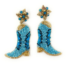 Load image into Gallery viewer, Bachelorette earrings, bride to be gifts, bride to be earrings, Bridal shower gift, bridal shower earrings, cowgirl boots earrings, Texas love, cowgirl beaded accessories, cowgirl accessories, cowgirl earrings, bachelorette gifts, bachelorette beaded earrings, bachelorette party favors, bridal shower party favors, bachelorette gifts for her, bride to be gifts, country girl gifts, country girl earrings, Blue earrings, Yeehaw accessories, custom earrings, trendy earrings, blue boots earrings