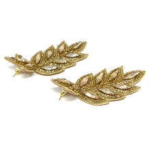 Load image into Gallery viewer, custom beaded Earrings, gold Earrings, gold Beaded Earrings, gold leaves earrings, New years earrings, women earrings, Statement earrings, handmade earrings, custom earrings, bejeweled accessories, fancy accessories, gold color earrings, gifts for mom, best friend gifts, birthday gifts, bohemian earrings, fancy earrings accessory, party earrings, Fancy earrings, boho earrings, rhinestone earrings, embellished earrings, Fancy jeweled earrings, party gold earrings, statement earrings, autumn earrings