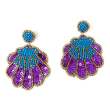 Load image into Gallery viewer, custom beaded Earrings, seashell Earrings, shell Beaded Earrings, sea shell earrings, mermaid earrings, women earrings, Statement earrings, handmade earrings, custom earrings, bejeweled accessories, fancy accessories, purple color earrings, gifts for mom, best friend gifts, birthday gifts, bohemian earrings, fancy earrings accessory, party earrings, Fancy earrings, boho earrings, rhinestone earrings, embellished earrings, Fancy jeweled earrings, Lightweight earrings, statement earrings, Tropical earrings