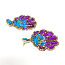 Load image into Gallery viewer, custom beaded Earrings, seashell Earrings, shell Beaded Earrings, sea shell earrings, mermaid earrings, women earrings, Statement earrings, handmade earrings, custom earrings, bejeweled accessories, fancy accessories, purple color earrings, gifts for mom, best friend gifts, birthday gifts, bohemian earrings, fancy earrings accessory, party earrings, Fancy earrings, boho earrings, rhinestone earrings, embellished earrings, Fancy jeweled earrings, Lightweight earrings, statement earrings, Tropical earrings