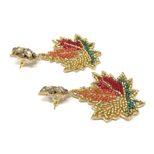Load image into Gallery viewer, maple beaded Earrings, autumn Earrings, Autumn leaf Earrings, Fall Earrings, earrings for Thanksgiving, Thanksgiving earrings, orange earrings, Unique earrings, maple leaf earrings, Autumn jewelry, statement earrings, Brown earrings, Fall beaded earrings, Autumn jewelry, Holiday earrings, pumpkin earrings, custom designs, cat earrings, dangling earrings, unique earrings, Thanksgiving accessories, Autumn accessories, Autumn brown earrings