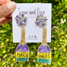 Load image into Gallery viewer, earrings for women, Gold Purple earrings, beaded earrings, Mardi Gras earrings, NOLA earrings, Mardi earrings, Purple earrings, Champagne bottle earrings, trendy earrings, party earrings, New Orleans party earrings, Mardi gras party earrings, holiday earrings, luxury earrings, Mardi gras accessories, Mardi Gras gifts, Mardi Gras New Orleans earrings, custom earrings, handmade earrings, Mardi Gras beaded earrings, Mardi Gras accessories, boho earrings, custom earrings, best selling items