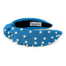 Load image into Gallery viewer, headbands for women, blue pearl headband, handmade headbands, sky blue top knotted headband, blue knotted headband, hair band for women, embellished headband, pearl headband, blue headband for women, luxury headband, jeweled headband for women, knotted jeweled headband, bling headband, embellished knot headband, pearl knot headband, pearly headbands, pearly rhinestone headband, game day hair accessories, game day headband, summer headbands, white pearls headband, best selling items