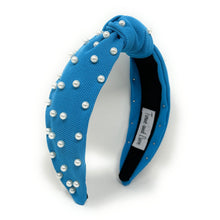 Load image into Gallery viewer, headbands for women, blue pearl headband, handmade headbands, sky blue top knotted headband, blue knotted headband, hair band for women, embellished headband, pearl headband, blue headband for women, luxury headband, jeweled headband for women, knotted jeweled headband, bling headband, embellished knot headband, pearl knot headband, pearly headbands, pearly rhinestone headband, game day hair accessories, game day headband, summer headbands, white pearls headband, best selling items