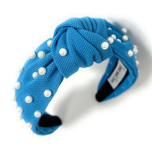 Load image into Gallery viewer, headbands for women, blue pearl headband, handmade headbands, sky blue top knotted headband, blue knotted headband, hair band for women, embellished headband, pearl headband, blue headband for women, luxury headband, jeweled headband for women, knotted jeweled headband, bling headband, embellished knot headband, pearl knot headband, pearly headbands, pearly rhinestone headband, game day hair accessories, game day headband, summer headbands, white pearls headband, best selling items