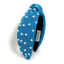 Load image into Gallery viewer, headbands for women, blue pearl headband, handmade headbands, sky blue top knotted headband, blue knotted headband, hair band for women, embellished headband, pearl headband, blue headband for women, luxury headband, jeweled headband for women, knotted jeweled headband, bling headband, embellished knot headband, pearl knot headband, pearly headbands, pearly rhinestone headband, game day hair accessories, game day headband, summer headbands, white pearls headband, best selling items