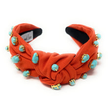 Load image into Gallery viewer, headbands for women, Wide knot headband, handmade headbands, top knotted headband, knotted headband, hair band for women, embellished headband, rhinestone headband, bejeweled headband, luxury headband, jeweled headband for women, knotted jeweled headband, autumn headband, embellished knot headband, luxury knot headband, pearly headbands, turquoise gemstone headband, turquoise hair accessories, orange pumpkin headbands, boho headbands, boho jeweled headband, embellished headband, pumpkin orange headband