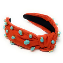 Load image into Gallery viewer, headbands for women, Wide knot headband, handmade headbands, top knotted headband, knotted headband, hair band for women, embellished headband, rhinestone headband, bejeweled headband, luxury headband, jeweled headband for women, knotted jeweled headband, autumn headband, embellished knot headband, luxury knot headband, pearly headbands, turquoise gemstone headband, turquoise hair accessories, orange pumpkin headbands, boho headbands, boho jeweled headband, embellished headband, pumpkin orange headband