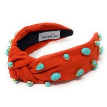 Load image into Gallery viewer, headbands for women, Wide knot headband, handmade headbands, top knotted headband, knotted headband, hair band for women, embellished headband, rhinestone headband, bejeweled headband, luxury headband, jeweled headband for women, knotted jeweled headband, autumn headband, embellished knot headband, luxury knot headband, pearly headbands, turquoise gemstone headband, turquoise hair accessories, orange pumpkin headbands, boho headbands, boho jeweled headband, embellished headband, pumpkin orange headband