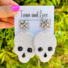 Load image into Gallery viewer, Halloween beaded Earrings, beaded halloween Earrings, halloween Earrings, Halloween Bead Earrings, earrings for halloween, skull earrings, spooky beaded earrings, white black earrings, Unique earrings, candy corn earrings, Halloween jewelry, statement earrings, skull earrings, spooky earrings, costume jewelry, Holiday earrings, pumpkin earrings, custom designs, cat earrings, dangling earrings, witch earrings, autumn accessories, witch vibes, spooky vibes, skull earrings, skull accessories