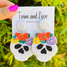 Load image into Gallery viewer, Halloween beaded Earrings, beaded halloween Earrings, halloween Earrings, Halloween Bead Earrings, earrings for halloween, day of the death earrings, sugar skull earrings, Unique earrings, candy corn earrings, Halloween jewelry, statement earrings, dia de los muertos earrings, spooky earrings, costume jewelry, Holiday earrings, sugar skull earrings, custom designs, cat earrings, witch earrings, autumn accessories, witch vibes, spooky vibes, day of the death accessories, day of the dead skull earrings