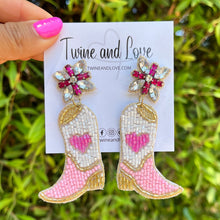 Load image into Gallery viewer, Bachelorette earrings, bride to be gifts, bride to be earrings, Bridal shower gift, bridal shower earrings, cowgirl boots earrings, cowgirl boots beaded earrings, cowgirl beaded accessories, cowgirl accessories, cowgirl earrings, bachelorette gifts, bachelorette beaded earrings, bachelorette party favors, bridal shower party favors, bachelorette gifts for her, bride to be gifts, country girl gifts, country girl earrings, pink earrings, Yeehaw accessories, custom earrings, trendy earrings