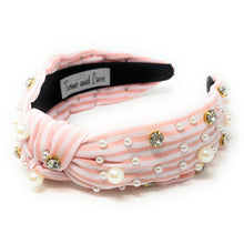 Load image into Gallery viewer, headbands for women, Wide headband, handmade headbands, top knotted headband, knotted headband, hair band for women, embellished headband, rhinestone headband, gemstone headband for women, luxury headband, jeweled headband for women, knotted jeweled headband, bling headband, embellished knot headband, luxury knot headband, pearly headbands, pearly rhinestone headband, spring hair accessories, blue and white headband, spring headbands, Striped jeweled headband, embellished headband, best selling items
