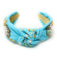Load image into Gallery viewer, headband for women, seashell Knot headband, seashell lover headband, turquoise knotted headband, seashell top knot headband, Summer top knotted headband, seashell pearl knotted headband, Summer hair band, beaded shell knot headband, shell motif headband, statement headbands, top knotted headband, knotted headband, seashell lover gifts, seashell embellished headband, luxury headband, Birthday gifts, Summer Knot headband, Summer knot embellished headband, Mothers day gifts ideas, turquoise knot headband