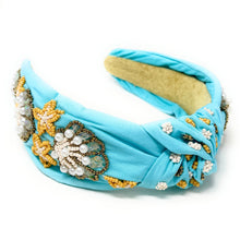 Load image into Gallery viewer, headband for women, seashell Knot headband, seashell lover headband, turquoise knotted headband, seashell top knot headband, Summer top knotted headband, seashell pearl knotted headband, Summer hair band, beaded shell knot headband, shell motif headband, statement headbands, top knotted headband, knotted headband, seashell lover gifts, seashell embellished headband, luxury headband, Birthday gifts, Summer Knot headband, Summer knot embellished headband, Mothers day gifts ideas, turquoise knot headband