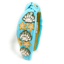 Load image into Gallery viewer, headband for women, seashell Knot headband, seashell lover headband, turquoise knotted headband, seashell top knot headband, Summer top knotted headband, seashell pearl knotted headband, Summer hair band, beaded shell knot headband, shell motif headband, statement headbands, top knotted headband, knotted headband, seashell lover gifts, seashell embellished headband, luxury headband, Birthday gifts, Summer Knot headband, Summer knot embellished headband, Mothers day gifts ideas, turquoise knot headband