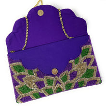 Load image into Gallery viewer, Mardi Gras Celebration Beaded Crossbody Chain  Clutch Bag Handbag, beaded clutch, beaded purse for mardi gras, mardi gras outfit, mardi gras celebration gift, mardi gras celebration outfit, gift for mardi gras, mardi gras gifts, Mardi Gras clutch purse, Mardi gras sequin bag, beaded bag, NOLA accessories, NOLA accessory, Mardi Gras accessory, Beaded sequin bag, Bags for mardi gras, party night out bags, party bags, Handmade gifts, hand beaded clutch purse, custom clutch purse, custom accessories