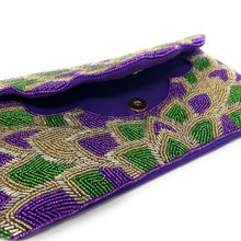 Load image into Gallery viewer, Mardi Gras Celebration Beaded Crossbody Chain  Clutch Bag Handbag, beaded clutch, beaded purse for mardi gras, mardi gras outfit, mardi gras celebration gift, mardi gras celebration outfit, gift for mardi gras, mardi gras gifts, Mardi Gras clutch purse, Mardi gras sequin bag, beaded bag, NOLA accessories, NOLA accessory, Mardi Gras accessory, Beaded sequin bag, Bags for mardi gras, party night out bags, party bags, Handmade gifts, hand beaded clutch purse, custom clutch purse, custom accessories