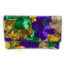 Load image into Gallery viewer, Mardi Gras Celebration Beaded Crossbody Chain  Clutch Bag Handbag, beaded clutch, beaded purse for mardi gras, mardi gras outfit, mardi gras celebration gift, mardi gras celebration outfit, gift for mardi gras, mardi gras gifts, Mardi Gras clutch purse, Mardi gras sequin bag, Sequin bag, NOLA accessories, NOLA accessory, Mardi Gras accessory, Beaded sequin bag, Bags for mardi gras, party night out bags, party bags, Handmade gifts, hand beaded clutch purse, custom clutch purse, custom accessories