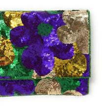 Load image into Gallery viewer, Mardi Gras Celebration Beaded Crossbody Chain  Clutch Bag Handbag, beaded clutch, beaded purse for mardi gras, mardi gras outfit, mardi gras celebration gift, mardi gras celebration outfit, gift for mardi gras, mardi gras gifts, Mardi Gras clutch purse, Mardi gras sequin bag, Sequin bag, NOLA accessories, NOLA accessory, Mardi Gras accessory, Beaded sequin bag, Bags for mardi gras, party night out bags, party bags, Handmade gifts, hand beaded clutch purse, custom clutch purse, custom accessories