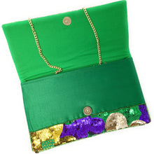 Load image into Gallery viewer, Mardi Gras Celebration Beaded Crossbody Chain  Clutch Bag Handbag, beaded clutch, beaded purse for mardi gras, mardi gras outfit, mardi gras celebration gift, mardi gras celebration outfit, gift for mardi gras, mardi gras gifts, Mardi Gras clutch purse, Mardi gras sequin bag, Sequin bag, NOLA accessories, NOLA accessory, Mardi Gras accessory, Beaded sequin bag, Bags for mardi gras, party night out bags, party bags, Handmade gifts, hand beaded clutch purse, custom clutch purse, custom accessories