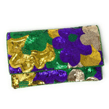 Load image into Gallery viewer, Mardi Gras Celebration Beaded Crossbody Chain  Clutch Bag Handbag, beaded clutch, beaded purse for mardi gras, mardi gras outfit, mardi gras celebration gift, mardi gras celebration outfit, gift for mardi gras, mardi gras gifts, Mardi Gras clutch purse, Mardi gras sequin bag, Sequin bag, NOLA accessories, NOLA accessory, Mardi Gras accessory, Beaded sequin bag, Bags for mardi gras, party night out bags, party bags, Handmade gifts, hand beaded clutch purse, custom clutch purse, custom accessories