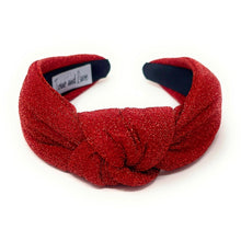 Load image into Gallery viewer, Christmas Headband, Holiday Headbands, red Knot Headband, Red Headbands for Women and Girls, Solid Red Headband, headband for women, red headband, red accessories for Christmas, valentines day headband, red shimmer headband, headband style, top knot headband, top knotted headband, knotted headband, Valentines day knot headband, red top knotted headband, fall headbands, best selling items, Christmas headband, Holiday Lane Plaid headband, Red knotted headband, red accessories, custom headband