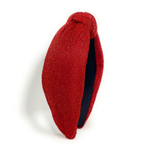 Load image into Gallery viewer, Christmas Headband, Holiday Headbands, red Knot Headband, Red Headbands for Women and Girls, Solid Red Headband, headband for women, red headband, red accessories for Christmas, valentines day headband, red shimmer headband, headband style, top knot headband, top knotted headband, knotted headband, Valentines day knot headband, red top knotted headband, fall headbands, best selling items, Christmas headband, Holiday Lane Plaid headband, Red knotted headband, red accessories, custom headband