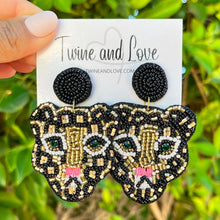 Load image into Gallery viewer, custom beaded Earrings, black gold Earrings, gold Beaded Earrings, jaguar earrings, New years earrings, women earrings, Statement earrings, handmade earrings, custom earrings, bejeweled accessories, fancy accessories, leopard earrings, gifts for mom, best friend gifts, birthday gifts, bohemian earrings, fancy earrings accessory, party earrings, Fancy earrings, boho earrings, rhinestone earrings, embellished earrings, Fancy jeweled earrings, party black earrings, statement earrings, autumn earrings