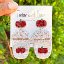 Load image into Gallery viewer, pumpkin spice latte beaded Earrings, autumn Earrings, Autumn bead Earrings, Fall Earrings, earrings for Thanksgiving, Thanksgiving earrings, pumpkin spice latte earrings, Unique earrings, pumpkin spice earrings, Autumn jewelry, statement earrings, Fall pumpkin earrings, Fall beaded earrings, Autumn jewelry, Holiday earrings, pumpkin earrings, custom designs, cat earrings, dangling earrings, unique earrings, Thanksgiving accessories, Autumn accessories, Autumn brown earrings